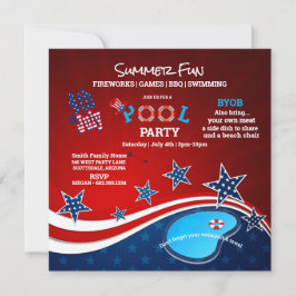 Convite July 4th Pool Party BBQ Fireworks Invitation