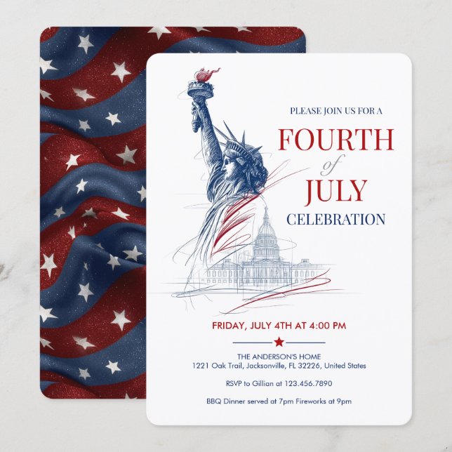 Convite July 4th USA Flag & Statue of Liberty Illustration (Frente/Verso)
