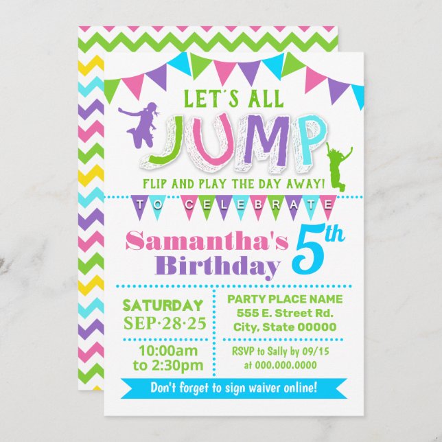 Convite Jump aniversariante festa rosa da casa de banho (Frente/Verso)