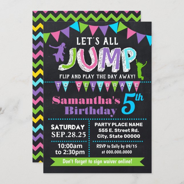 Convite Jump aniversario trampoline chalkboard rosa festa (Frente/Verso)