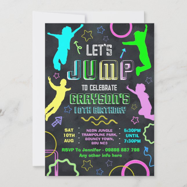 Convite Jump birthday invitations, trampolining party (Frente)