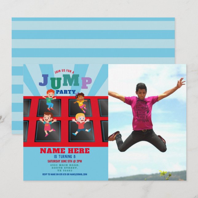 Convite Jump Trampoline Birthday Blue Boys Foto (Frente/Verso)