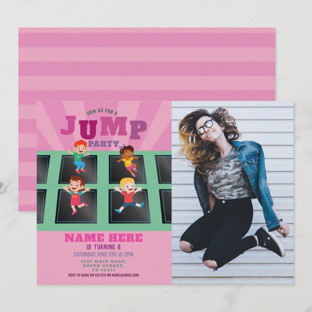 Convite Jump Trampoline Birthday Girls Foto Rosa (Frente/Verso)
