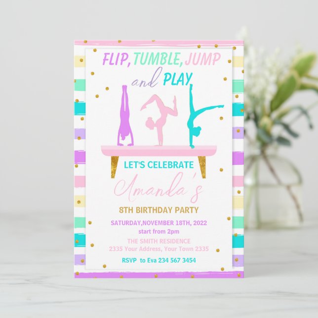 Convite Jump Tumble and Play Gymnastics Birthday Party (Em pé/Frente)