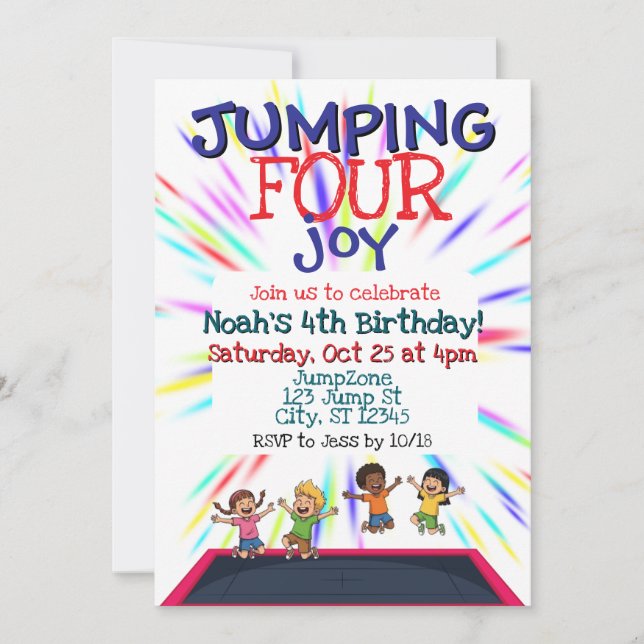 Convite Jumping FOUR Joy, Trampoline 4th Birthday  (Frente)