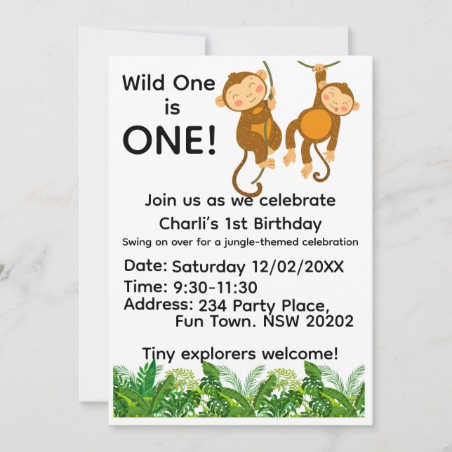 Convite Jungle 1st Birthday Invitation | Wild One First  (Frente)