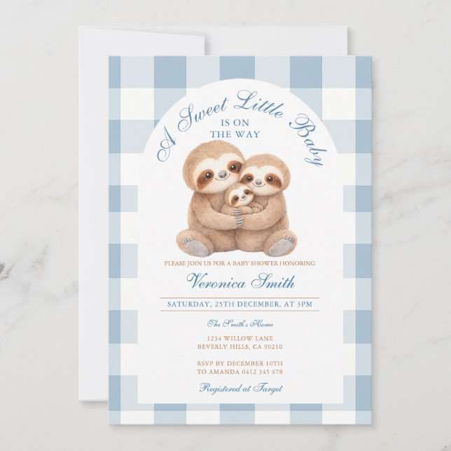 Convite Jungle Animal Blue Gingham Sloth Couples Shower (Frente)