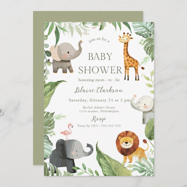 Convite Jungle Animals Baby Shower Invitation (Frente/Verso)