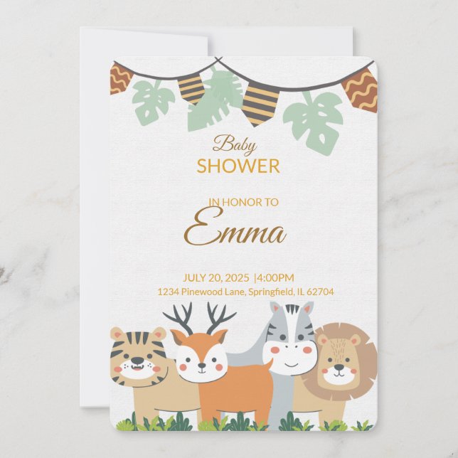 Convite Jungle Baby Shower Invitation – Safari Animal Them (Frente)