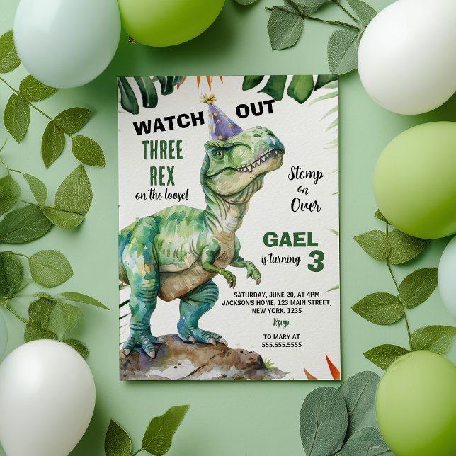 Convite Jungle Dinosaur Três-Rrex Aniversário (Criador carregado)