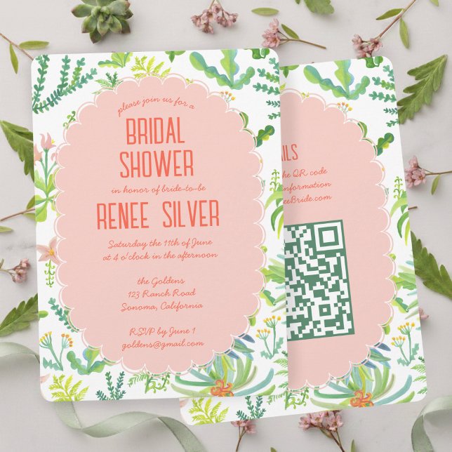 Convite Jungle Garden Watercolor Custom QR  BRIDAL SHOWER (Jungle Garden Watercolor Hand-painted Pink Green Custom QR BRIDAL SHOWER Invitation
)