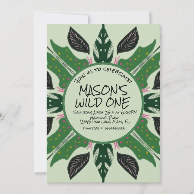 Convite Jungle Greenery - Festa do Zoo Desenhado (Frente)