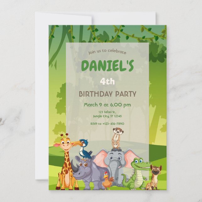 Convite Jungle Safari Animals Birthday Party (Frente)