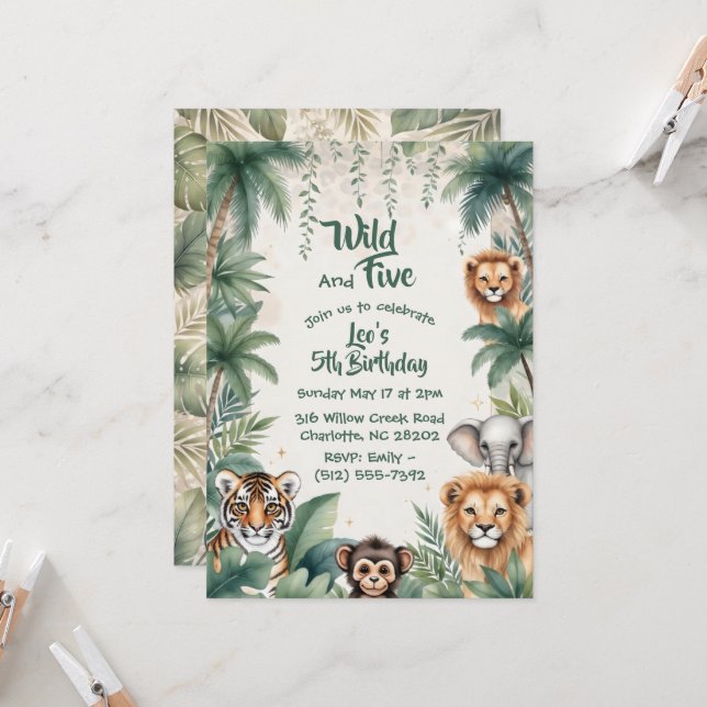 Convite Jungle Safari Animals Five Wild Boy 5th Birthday  (Frente/Verso In Situ)
