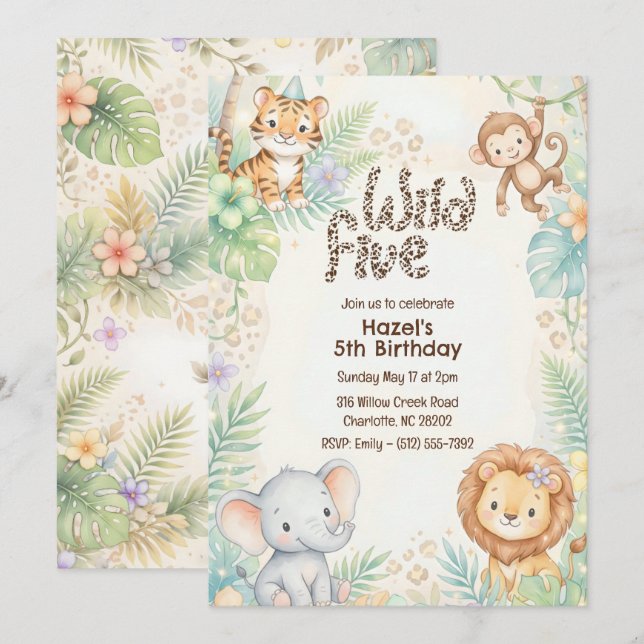 Convite Jungle Safari Animals Wild Five 5th Birthday  (Frente/Verso)