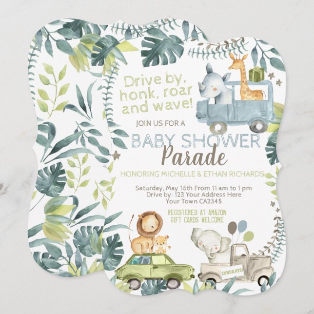 Convite Jungle Safari Baby Shower Parade (Frente/Verso)