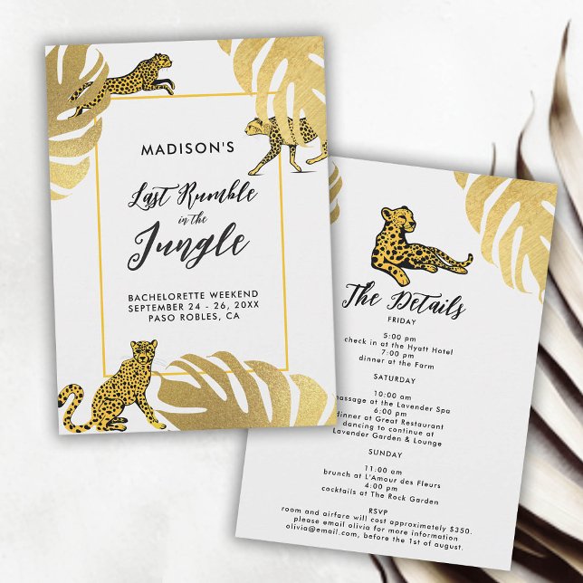 Convite Jungle Safari Cheetah Dourado Bachelorette Itinerá (last rumble jungle safari bachelorette party itinerary invitation cheetah monstera gold leaf elegant)