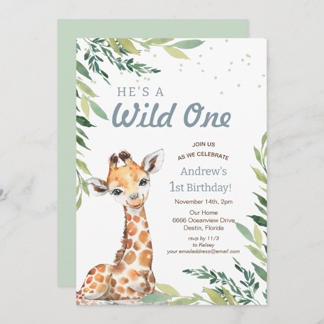 Convite Jungle Safari Giraffe Wild One Party (Frente/Verso)