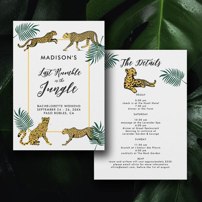Convite Jungle Safari Leaf Cheetah Bachelorette Itinerário (safari jungle cheetah print last rumble bachelorette party itinerary invitation tropical leaf chic)