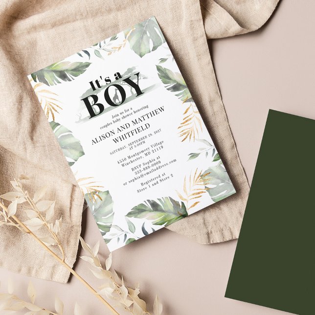 Convite Jungle Safari Palm Botânico Deixa Chá de fraldas (Botanical Palm Leaves Couples Boy Baby Shower Invitation)