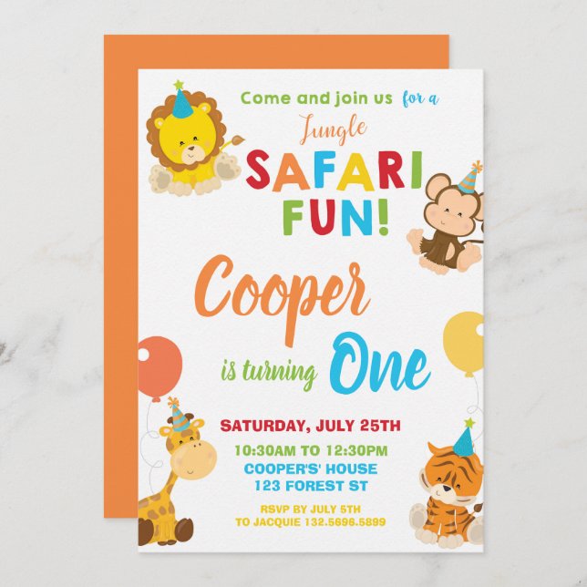 Convite Jungle Safari, primeiro aniversario do Partido Sel (Frente/Verso)