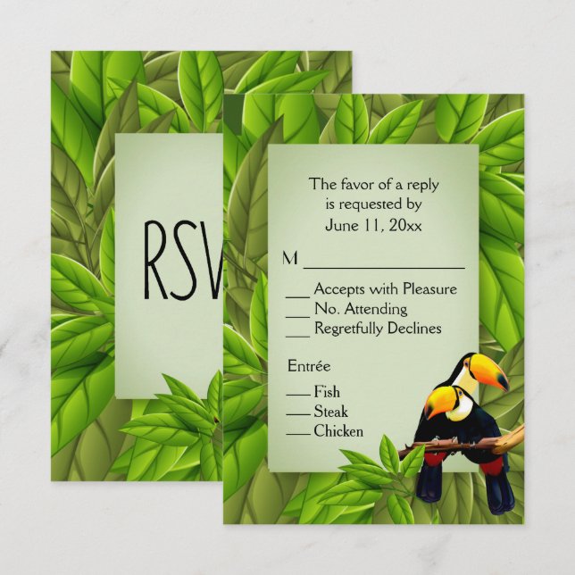 Convite Jungle Toucans RSVP com Seleção de Prato Principal (Frente/Verso)