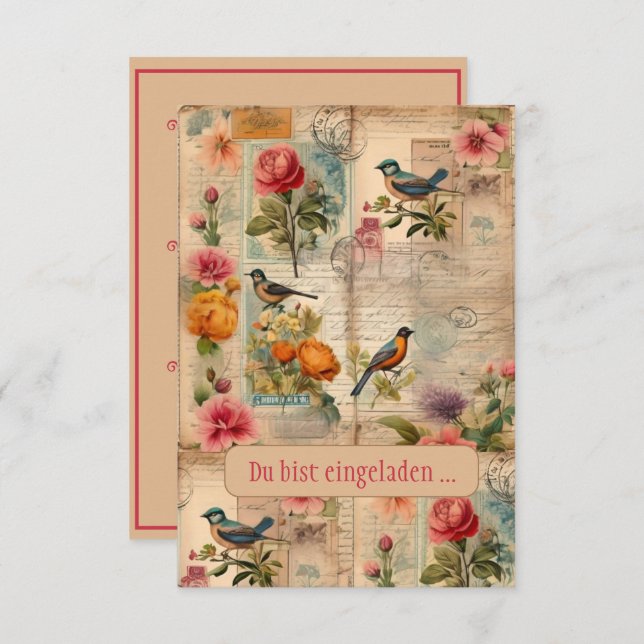 Convite Junk Journal Seite mit Blumen + Vögeln -  (Frente/Verso)