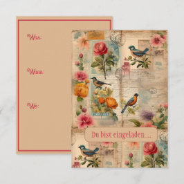 Convite Junk Journal Seite mit Blumen + Vögeln -