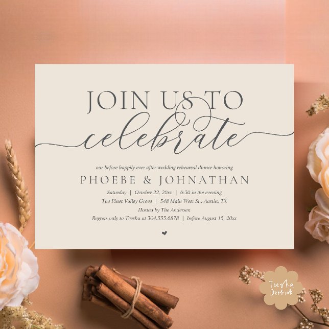 Convite Junte-se a Nós para Celebrar, Jantar de Ensaio de  (Join Us To Celebrate, Modern Classy Wedding Rehearsal Dinner Invitation card in cream grey)