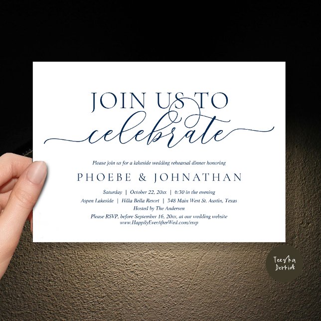 Convite Junte-Se A Nós Para Comemorar, Janto De Ensaio De  (Join Us To Celebrate, Romantic Wedding Rehearsal Dinner Invitation Card, PDF, in Navy Blue)