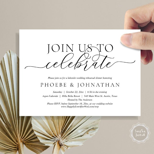 Convite Junte-Se A Nós Para Comemorar, Janto De Ensaio De  (Join Us To Celebrate, Romantic Wedding Rehearsal Dinner Invitation Card, PDF, in Black and White)