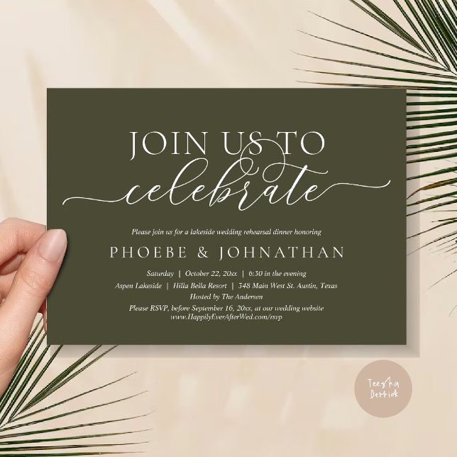 Convite Junte-Se A Nós Para Comemorar, Janto De Ensaio De  (Join Us To Celebrate, Romantic Wedding Rehearsal Dinner Invitation Card, PDF, in Olive Green)