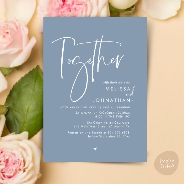 Convite Junto com seus pais, Recepção de casamento (Together with their parents, Wedding Reception Invitation Card PDF Modern clean Dusty Blue)