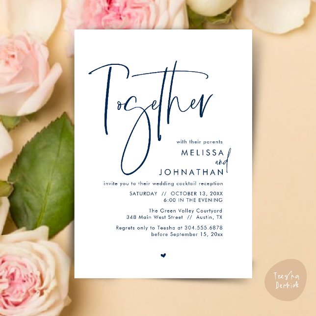 Convite Junto com seus pais, Recepção de casamento (Together with their parents, Wedding Reception Invitation Card PDF Modern clean Navy Blue)