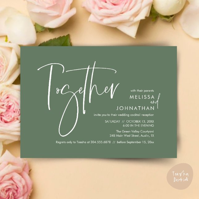 Convite Junto com seus pais, Recepção de casamento (Together with their parents, Wedding Reception Invitation Card PDF Modern clean Sage Green)