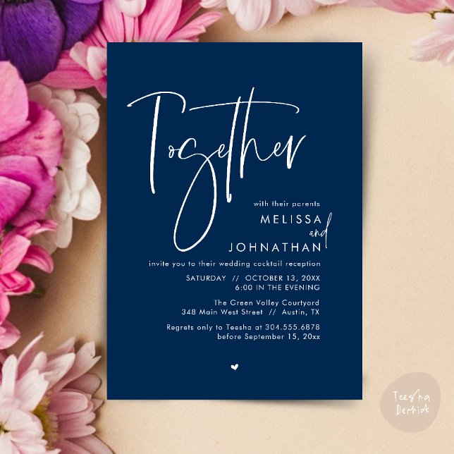 Convite Junto com seus pais, Recepção de casamento (Together with their parents, Wedding Reception Invitation Card PDF Modern clean Navy Blue)