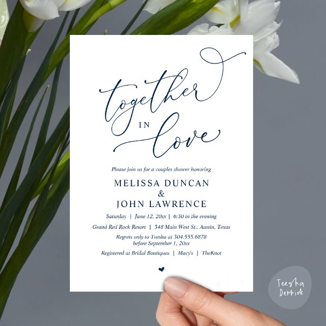 Convite Juntos no Amor, Festa Romântica de Chás (Together in Love, Romantic Couples Shower Party Invitation Card PDF modern minimalist Navy Blue)