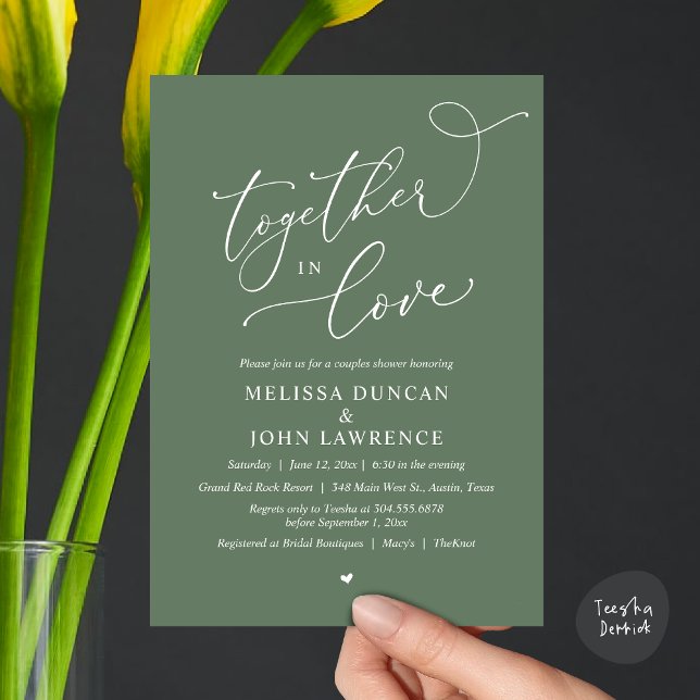 Convite Juntos no Amor, Festa Romântica de Chás (Together in Love, Romantic Couples Shower Party Invitation Card PDF modern minimalist Sage Green)