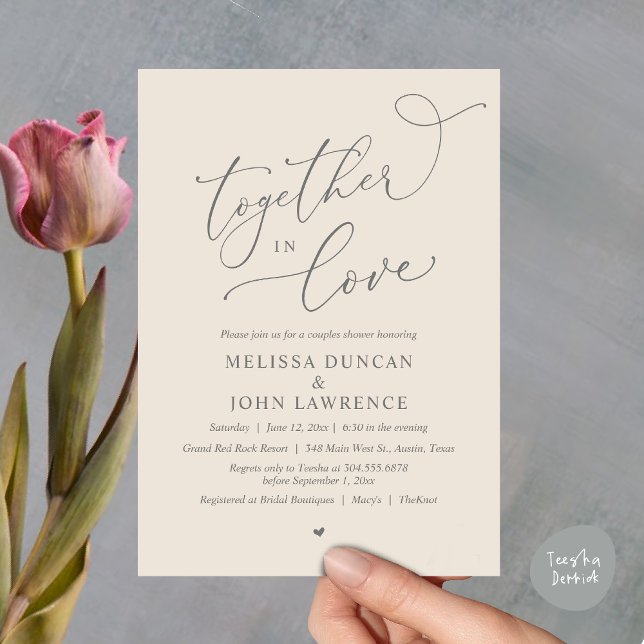 Convite Juntos no Amor, Festa Romântica de Chás (Together in Love, Romantic Couples Shower Party Invitation Card PDF modern minimalist Cream Grey)