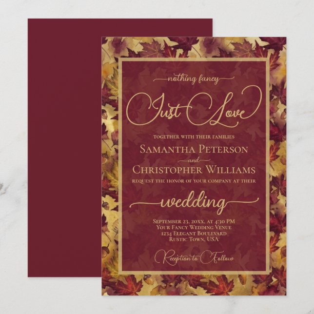 Convite Just Love Burgundy & Gold Autumn Leaves Wedding (Frente/Verso)