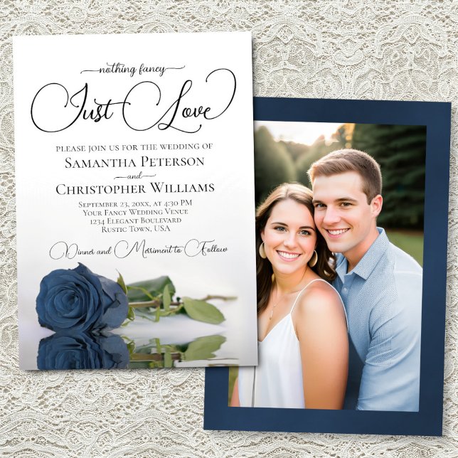 Convite Just Love Elegant Steel Blue Rose & Photo Wedding (Front/Back)