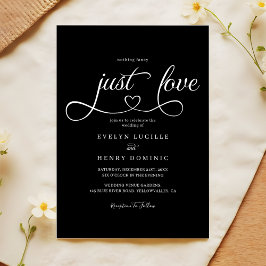 Convite Just Love Heart Script Sleek Black Wedding