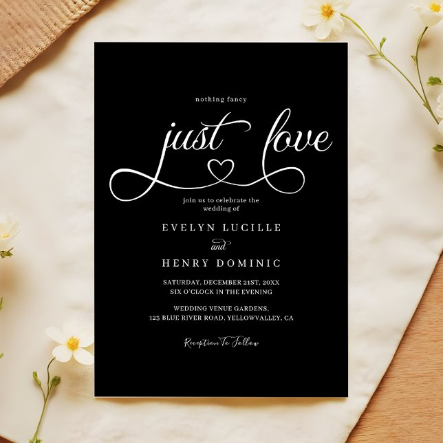 Convite Just Love Heart Script Sleek Black Wedding (Criador carregado)