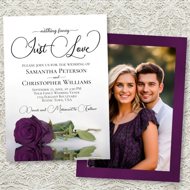 Convite Just Love Plum Purple Rose Photo on Back Wedding (Front/Back)