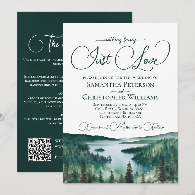 Convite Just Love Rustic Lake Tahoe QR Code Wedding  (Frente/Verso)