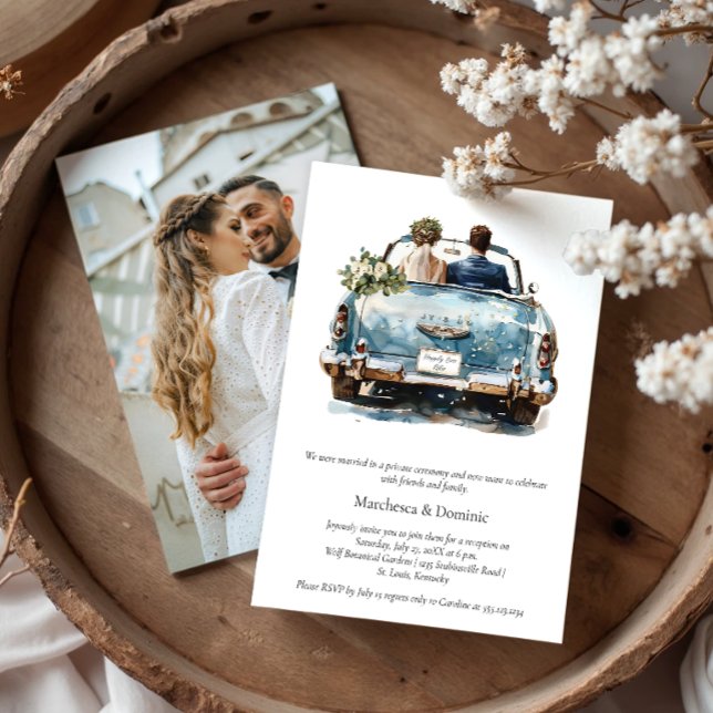 Convite Just Married Vintage Car Reception Celebration | (Criador carregado)