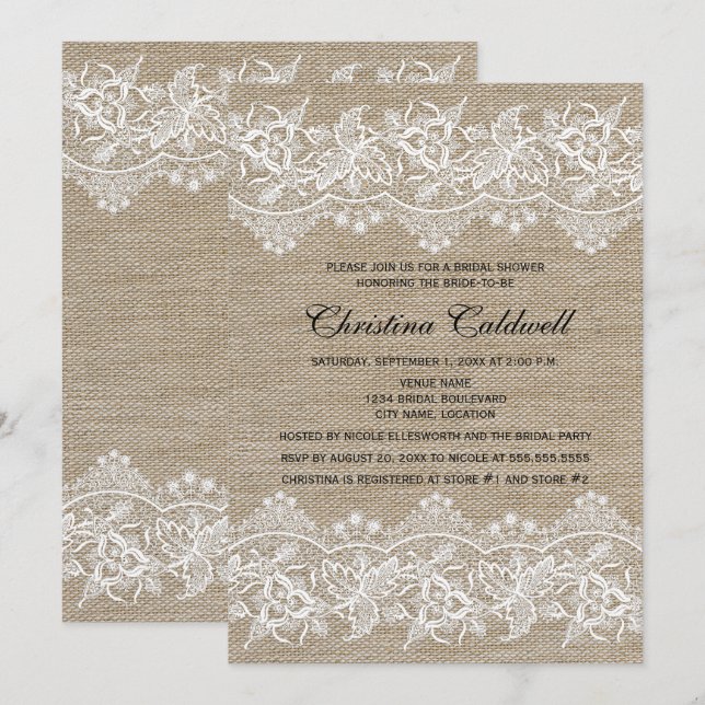 Convite Juta russa e Chá de panela de aparência de rendas (Frente/Verso)