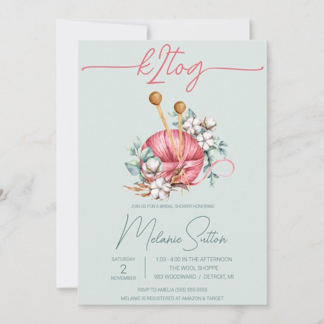 Convite k2tog, Chá de panela de tricô de algodão azul e ro (Frente)