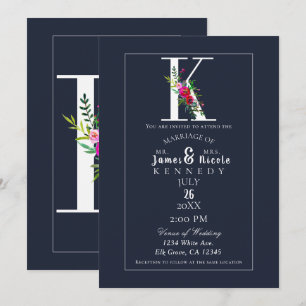 Convite K Monograma Última Inicial Moderno Azul Floral Cas