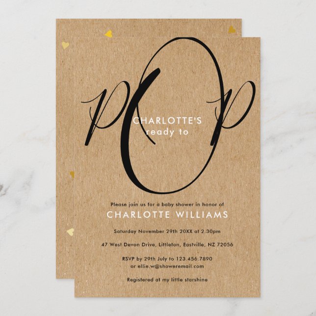 Convite Kaft Rustic Script Ready to Pop Chá de fraldas (Frente/Verso)